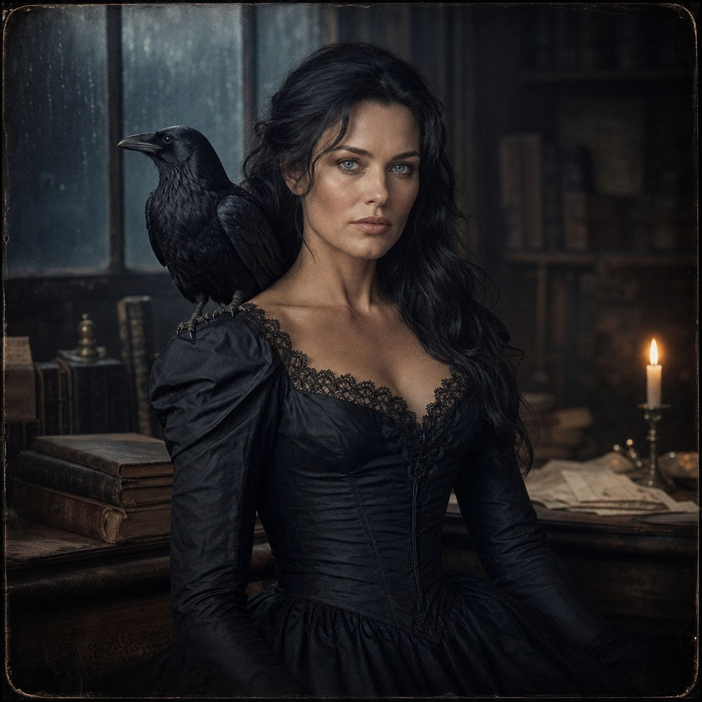 Atmospheric story artwork of a dark-haired woman with a raven in an 1840s-inspired interior.